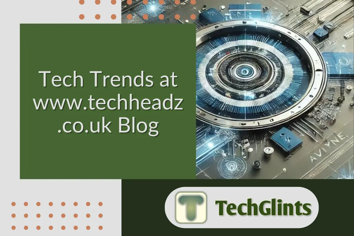 Promotional image for the blog 'Tech Trends at www.techheadz.co.uk,' featuring a green background with white and orange accents, alongside a futuristic circular tech design and the logo 'TechGlints.