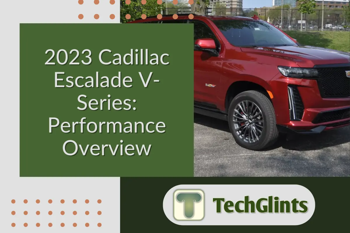 Red 2023 Cadillac Escalade V-Series parked on a road next to greenery, with text overlay asking if a 2023 GM Chevy Traverse has a timing chain, and the TechGlints logo in the corner.