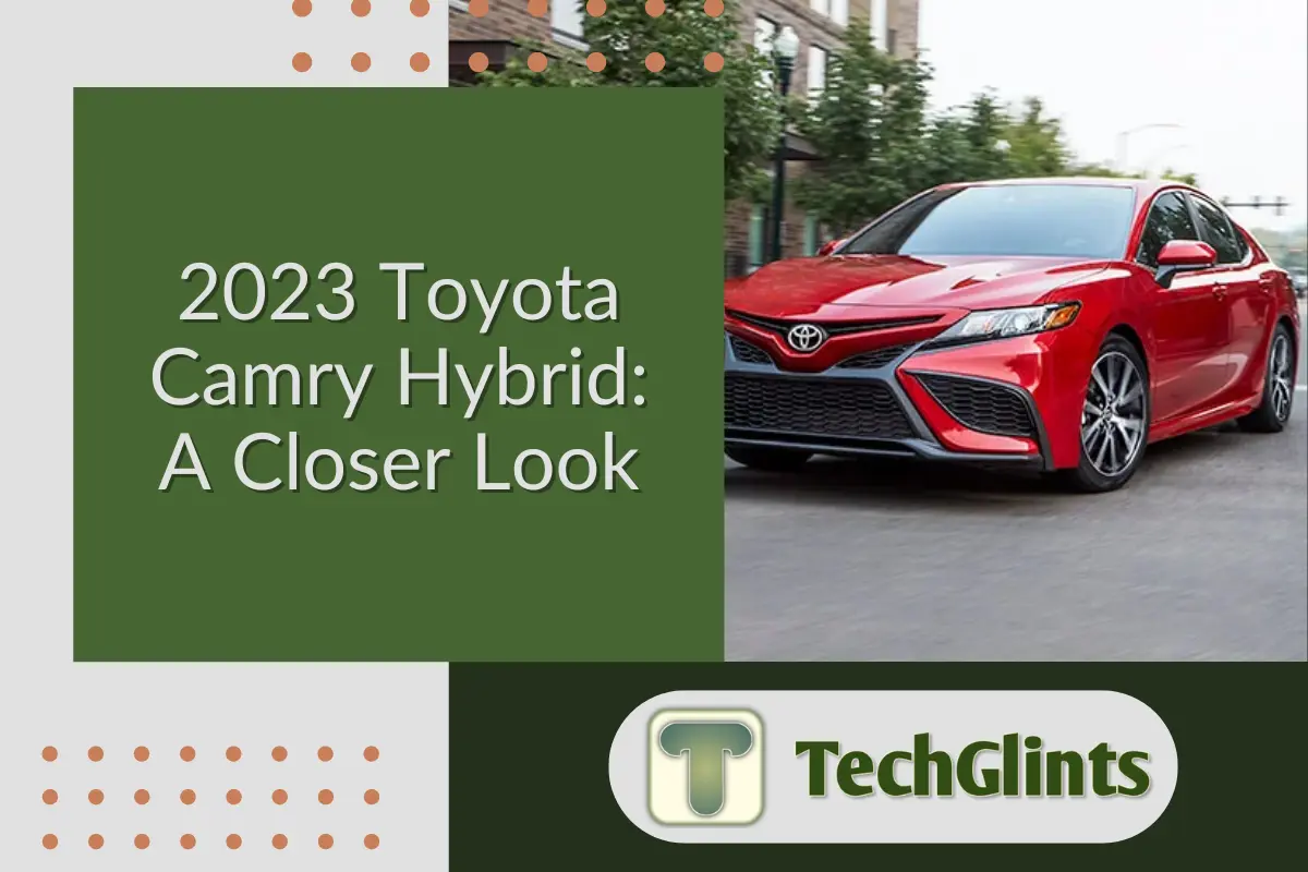 2023 Toyota Camry Hybrid in red parked on the street, showcasing the car's sleek design. A modern sedan with advanced features highlighted by TechGlints.