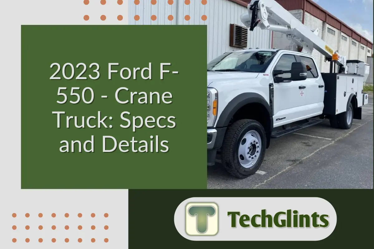 2023 Ford F-550 crane truck parked in front of a building, showcasing the truck’s exterior and crane system.